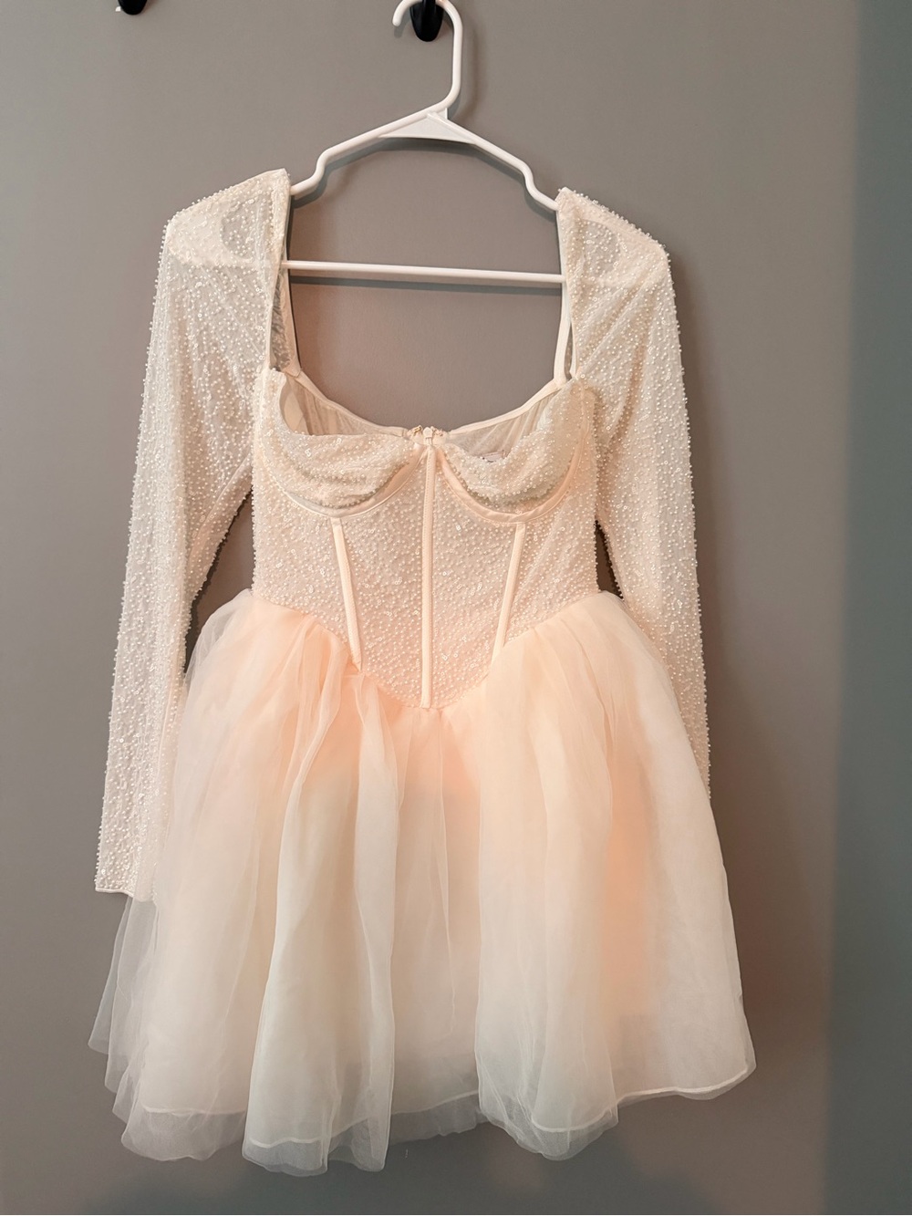 Oh Polly Cream Pearl-Embellished Tulle Mini Dress